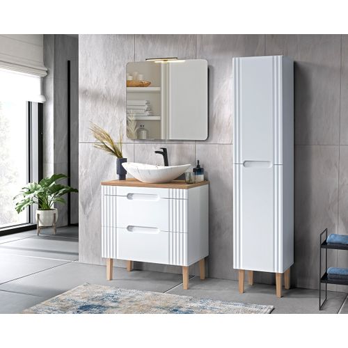 Ensemble Meuble 80 Cm Avec Vasque à Poser, Colonne Et Miroir 80 Cm