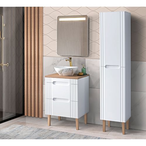 Ensemble De Meubles De Salle De Bain 60 Cm, Vasque à Poser, Colonne Haute, Miroir