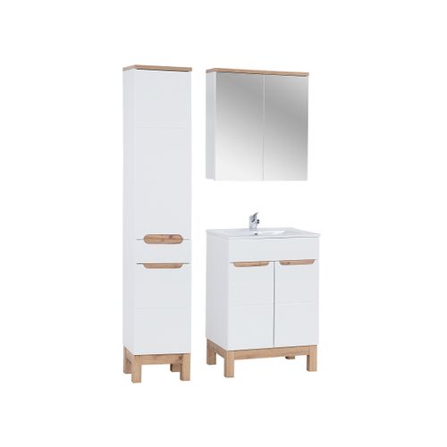 Ensemble De Meubles De Salle De Bain 80 Cm Avec Vasque, Colonne Et Armoire Miroir