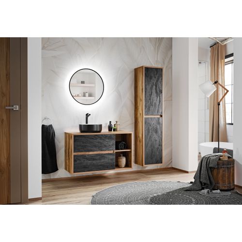 Ensemble Meuble 100 Cm Avec Vasque à Poser, Colonne Et Miroir LED