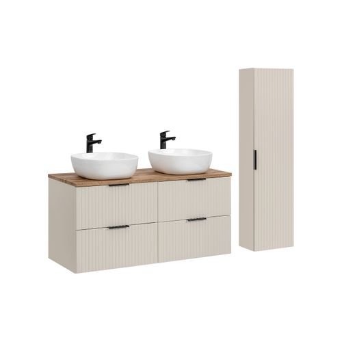 Ensemble De Meubles De Salle De Bain 120 Cm Avec Plan, 2 Vasques à Poser Smile, Colonne Haute