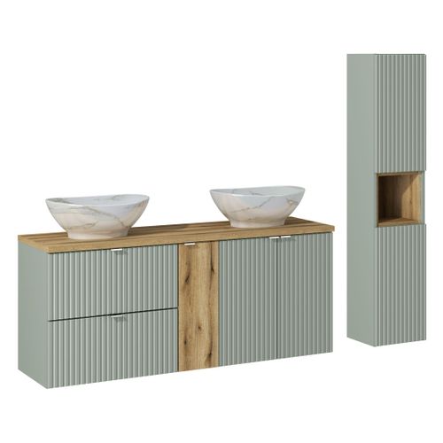 Ensemble De Meubles 140 Cm Avec Plan, 2 Vasques à Poser Pati Et Colonne Haute