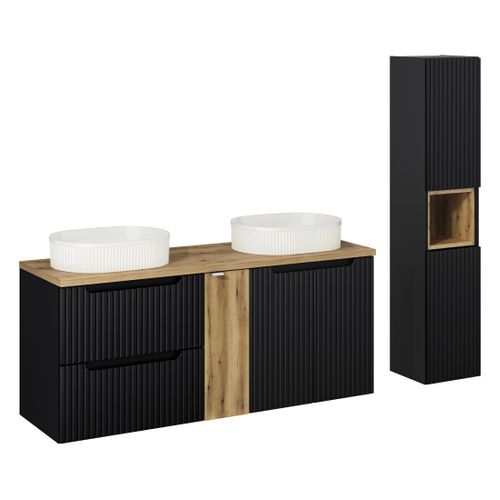 Ensemble Meuble 140 Cm Avec Plan, 2 Vasques à Poser Beyond, Colonne Haute