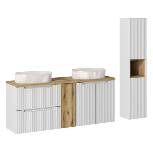 Ensemble De Meubles De Salle De Bain 140 Cm Avec Vasques à Poser Et Armoire Haute