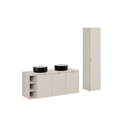 Ensemble De Meubles De Salle De Bain 140 Cm Avec Plan, 2 Vasques à Poser, Colonne Haute