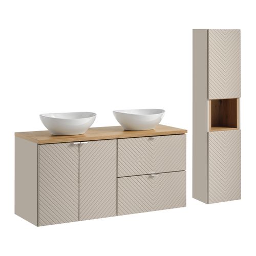 Ensemble Meuble 120 Cm Avec Plan, 2 Vasques à Poser Lola, Colonne Haute