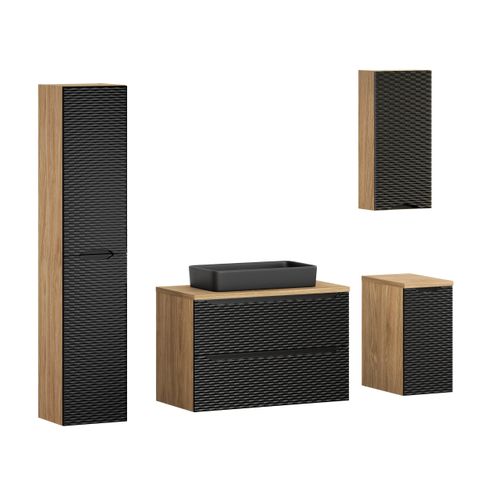 Ensemble Meuble 90 Cm Avec Plan, Vasque à Poser Slim Et Colonne Haute