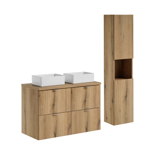 Ensemble De Meubles De Salle De Bain 100 Cm Avec Plan Vasque, 2 Vasques Gaja, Colonne Haute