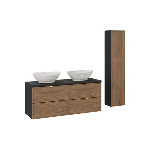 Ensemble De Meubles 120 Cm Avec Plan Vasque, 2 Vasques à Poser Pati Et Colonne Haute