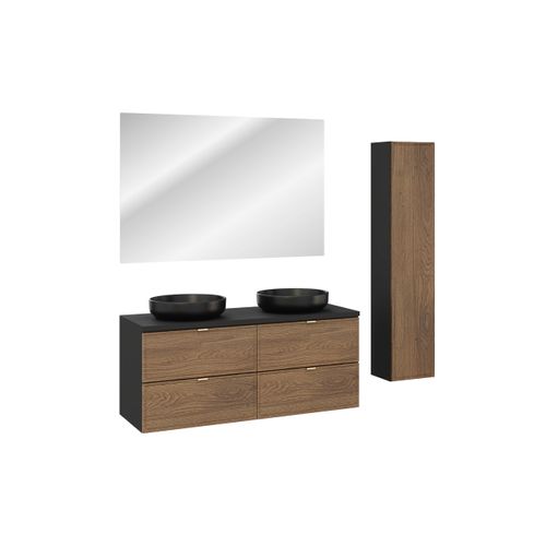 Ensemble Meubles Salle De Bain 120 Cm Avec Plan, 2 Vasques à Poser River, Colonne, Miroir LED