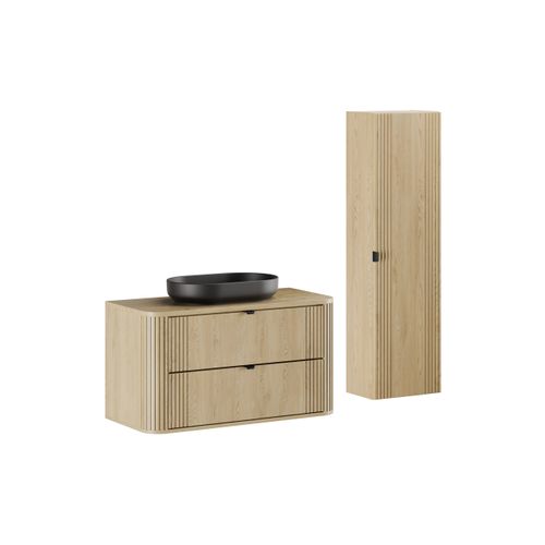 Ensemble Meuble 100 Cm Avec Plan, Vasque à Poser River Et Colonne Haute