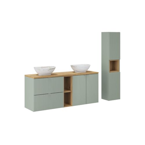 Set-lrg B Oak Meuble De Salle De Bain 140 Cm Avec Plan, 2 Vasques Pati, Colonne Haute