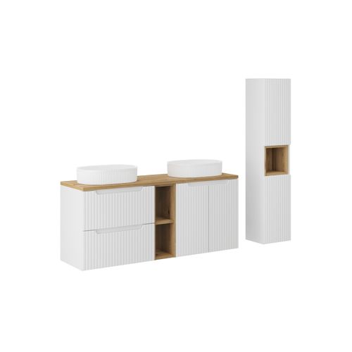 Ensemble Meuble 140 Cm Avec Plan, 2 Vasques à Poser Beyond, Colonne Haute