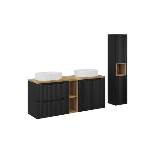 Set-nob B Oak Meuble Sous-vasque 140 Cm Avec Plan, 2 Vasques Beyond, Colonne Haute