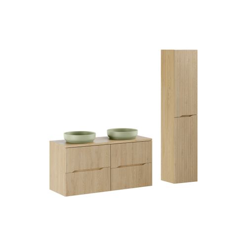 Ensemble De Meubles 120 Cm Avec Plan, 2 Vasques à Poser River, Colonne Haute