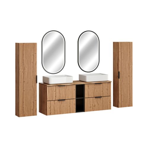 Ensemble Meubles Salle De Bain 140 Cm Avec Plan Vasque, 2 Vasques à Poser Magic, Colonnes