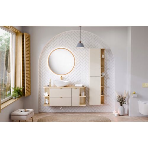 Meuble Sous Vasque Suspendu Dalia Cachemire avec plan Chêne 100 Cm Deux Extensions D’angle Ouvertes