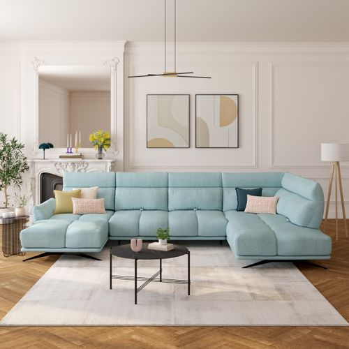Canapé d'angle panoramique d GIOVANNI tissu raven bleu clair