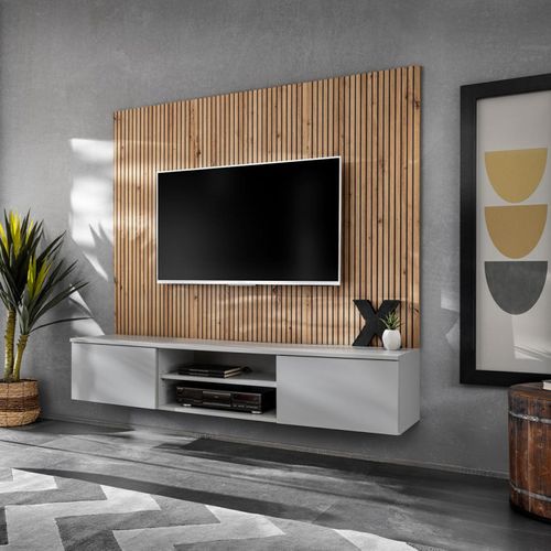 Ensemble Meuble TV Rayure "xari" 160cm Naturel et Gris