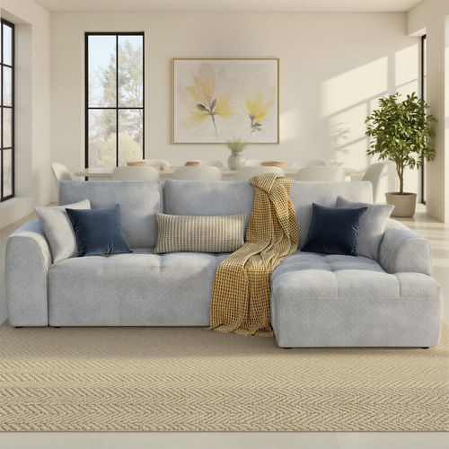 Canapé d'angle droit AUBE convertible tissu gris clair