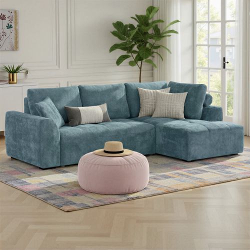 Canapé d'angle droit AUBE convertible tissu bleu clair