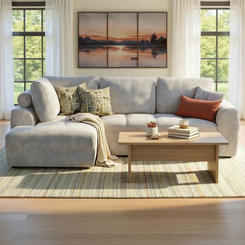 Canapé d'angle gauche AUBE convertible tissu gris clair