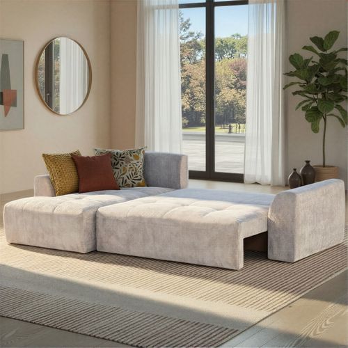 Canapé d'angle gauche AUBE convertible tissu blanc cassé