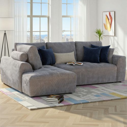 Canapé d'angle gauche AUBE convertible tissu gris