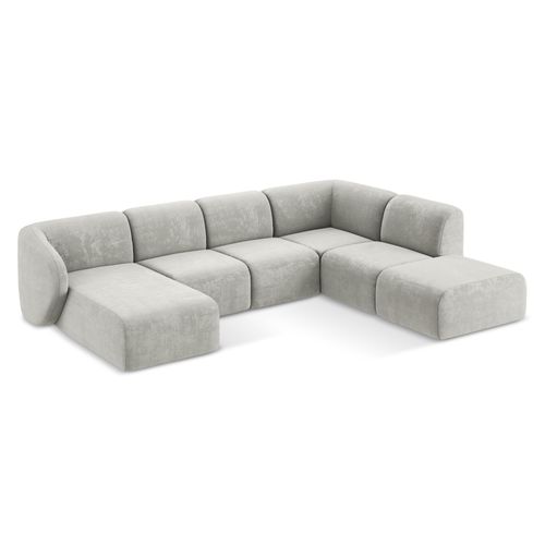 Canapé Panoramique 5 Places Droit Lani En Tissu Chenille Gris Clair