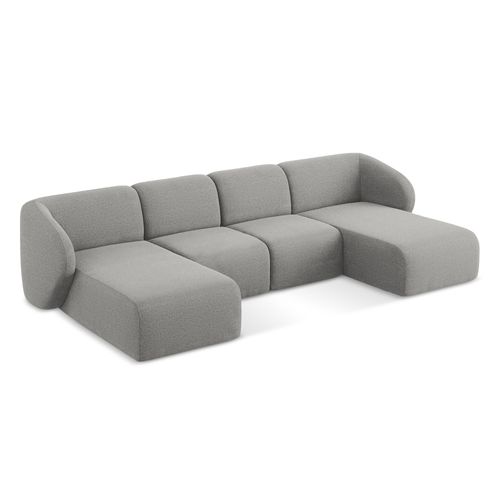 Canapé Panoramique 4 Places Lani En Tissu Bouclette Gris Clair