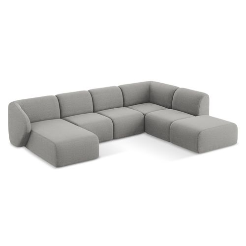 Canapé Panoramique 5 Places Droit Lani En Tissu Bouclette Gris Clair