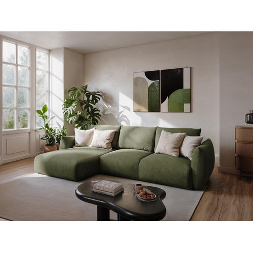 Canapé D’angle 3 Places Gauche Convertible Leila En Tissu Texturé Olive