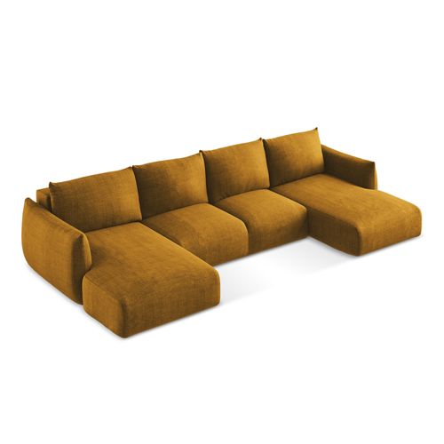 Canapé Panoramique 4 Places Convertible Leila En Tissu Texturé Moutarde