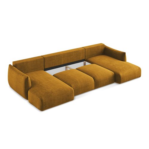 Canapé Panoramique 4 Places Convertible Leila En Tissu Texturé Moutarde