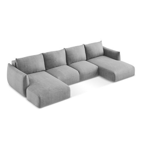 Canapé Panoramique 4 Places Convertible Leila En Tissu Texturé Gris Clair