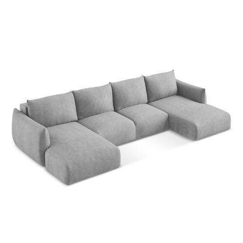 Canapé Panoramique 4 Places Convertible Leila En Tissu Chenille Gris Clair