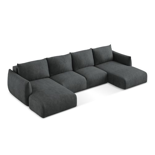 Canapé Panoramique 4 Places Convertible Leila En Tissu Chenille Gris Foncé