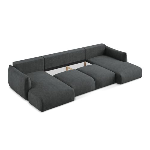 Canapé Panoramique 4 Places Convertible Leila En Tissu Chenille Gris Foncé