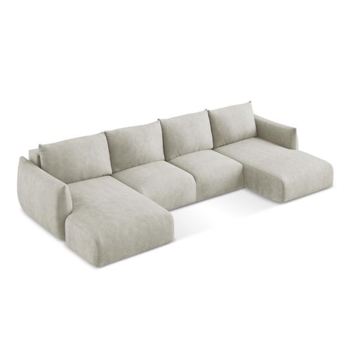 Canapé Panoramique 4 Places Convertible Leila En Tissu Chenille Perle