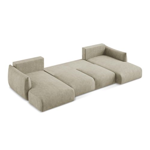 Canapé Panoramique 4 Places Convertible Leila En Tissu Chenille Beige