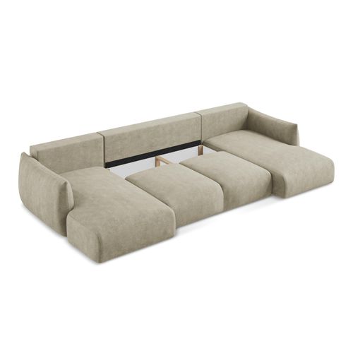 Canapé Panoramique 4 Places Convertible Leila En Tissu Chenille Beige