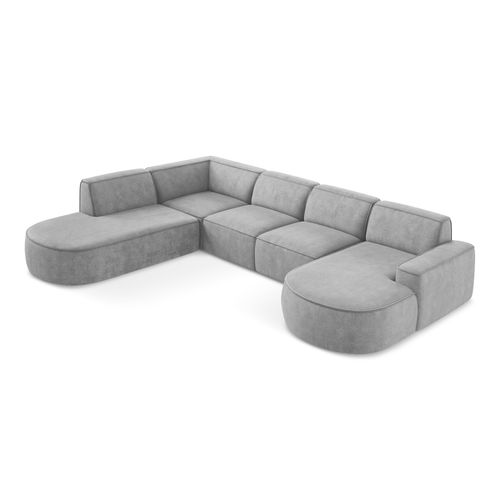 Canapé Panoramique 5 Places Modulaire Droit Omao En Tissu Chenille Gris Clair
