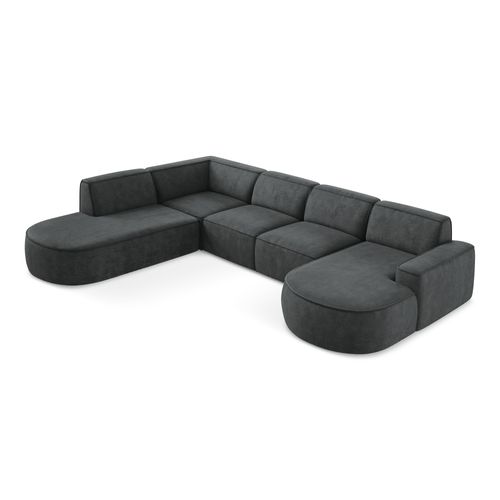 Canapé Panoramique 5 Places Modulaire Droit Omao En Tissu Chenille Gris Foncé