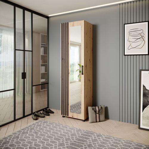 Armoire Livia Avec Porte Et Miroir Et Lattes, Chêne Artisan