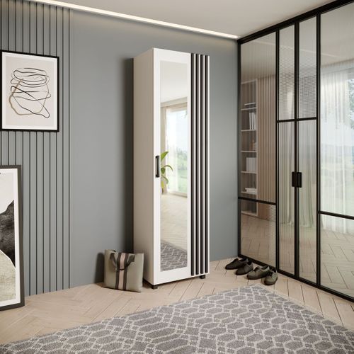 Armoire LIVIA - Haute Armoire Avec Porte Et Miroir Et Lattes, Blanche