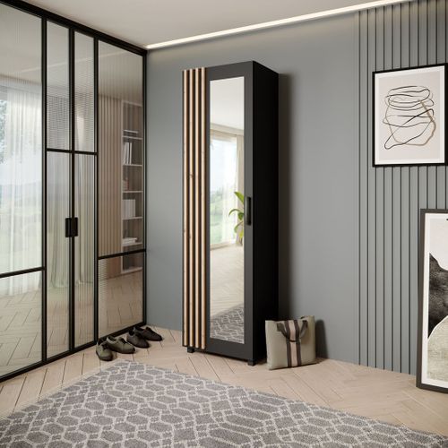 Armoire Livia Avec Porte Et Miroir Et Lattes, Noir