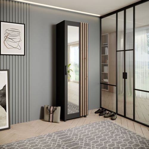 Armoire Livia Avec Porte Et Miroir Et Lattes, Noir