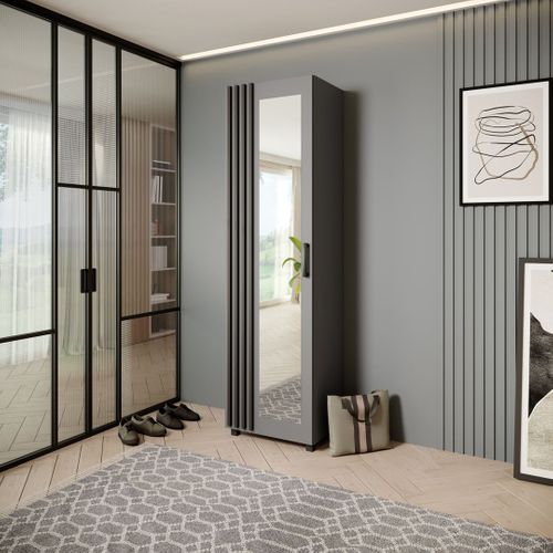 Armoire Livia Avec Porte Et Miroir Et Lattes, Graphit