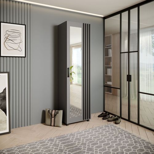 Armoire Livia Avec Porte Et Miroir Et Lattes, Graphit