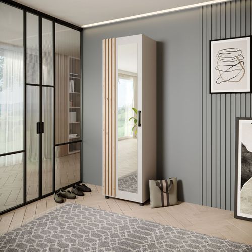 Armoire LIVIA - Haute Armoire Avec Porte Et Miroir Et Lattes, Cachemire + Chêne Artisan